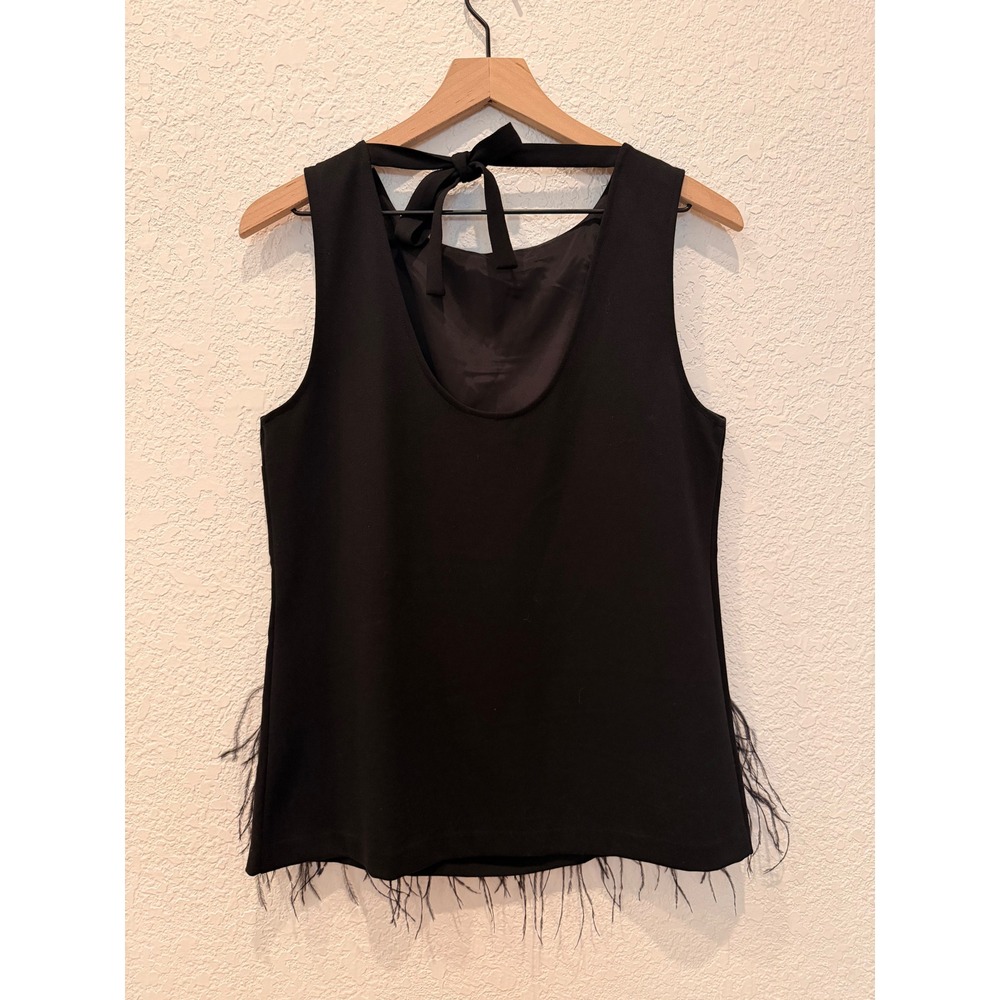 Ann Taylor Black Beaded Sleeveless Top Ostrich Feather Hem Tie Back Medium Glam - Picture 6 of 10